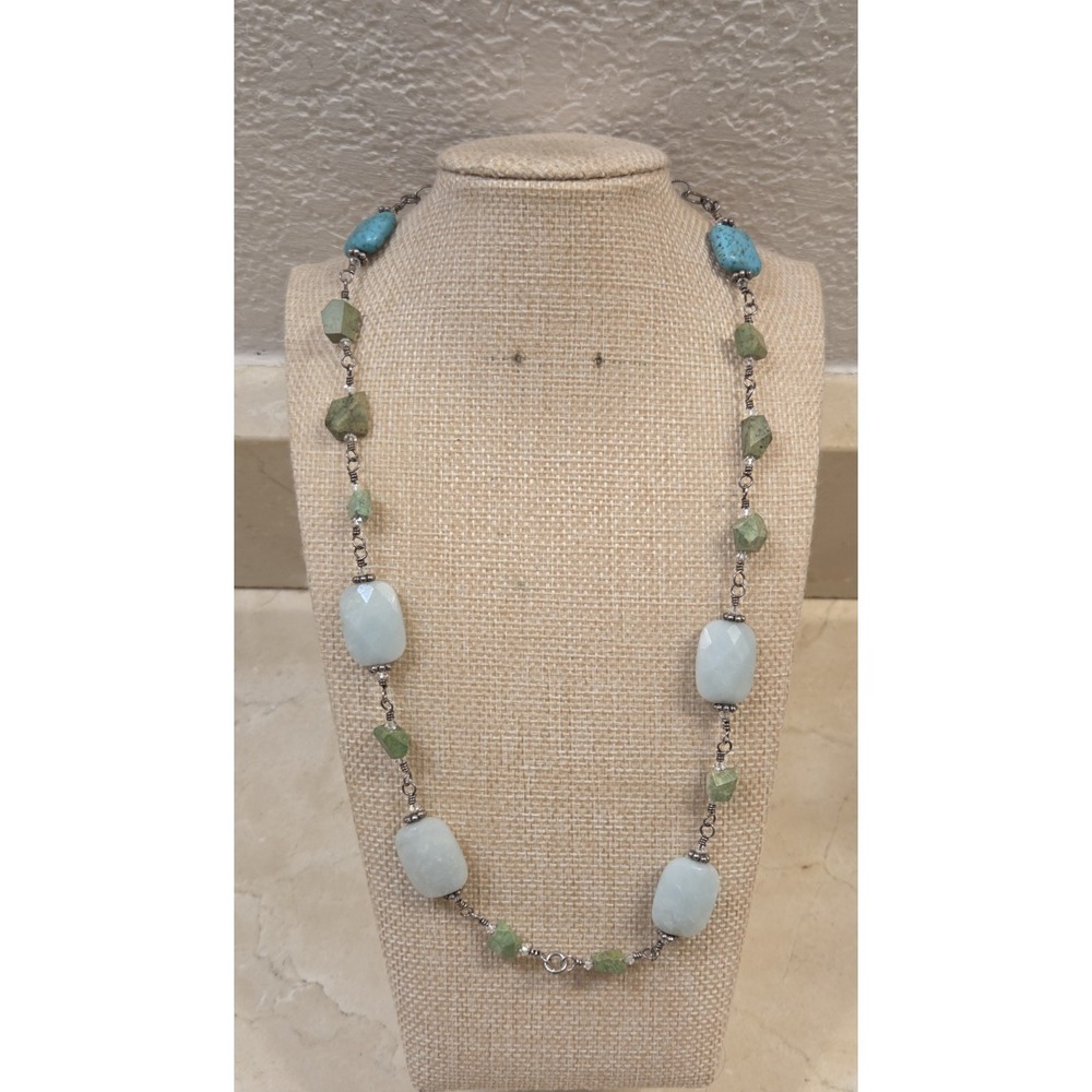 Vintage Chunky Sterling Silver Amazonite & Turquoise Necklace 21.5" Toggle Clasp
